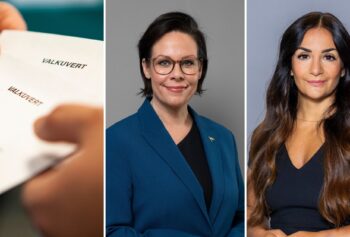 Kollage med två valkuvert, utrikesminister Maria Malmer Stenergard (M) och kulturminister Parisa Liljestrand (M).