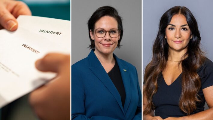 Kollage med två valkuvert, utrikesminister Maria Malmer Stenergard (M) och kulturminister Parisa Liljestrand (M).