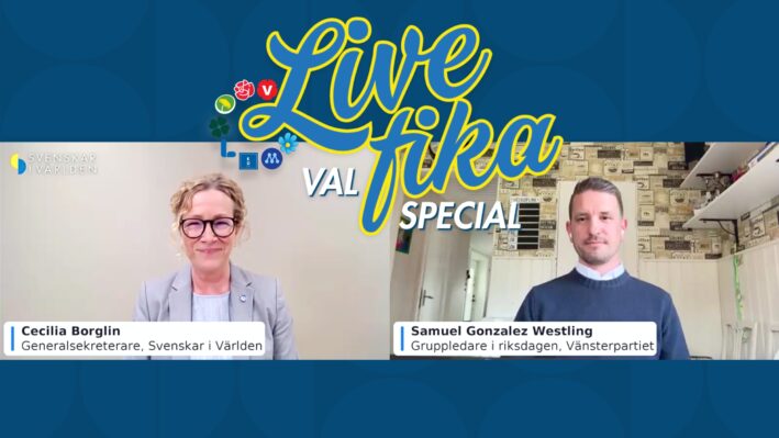 Cecilia Borglin, Generalsekreterare Svenskar i Världen intervjuar Samuel Gonzalez Westling, gruppledare för Vänsterpartiet. Logotyp Livefika Valspecial